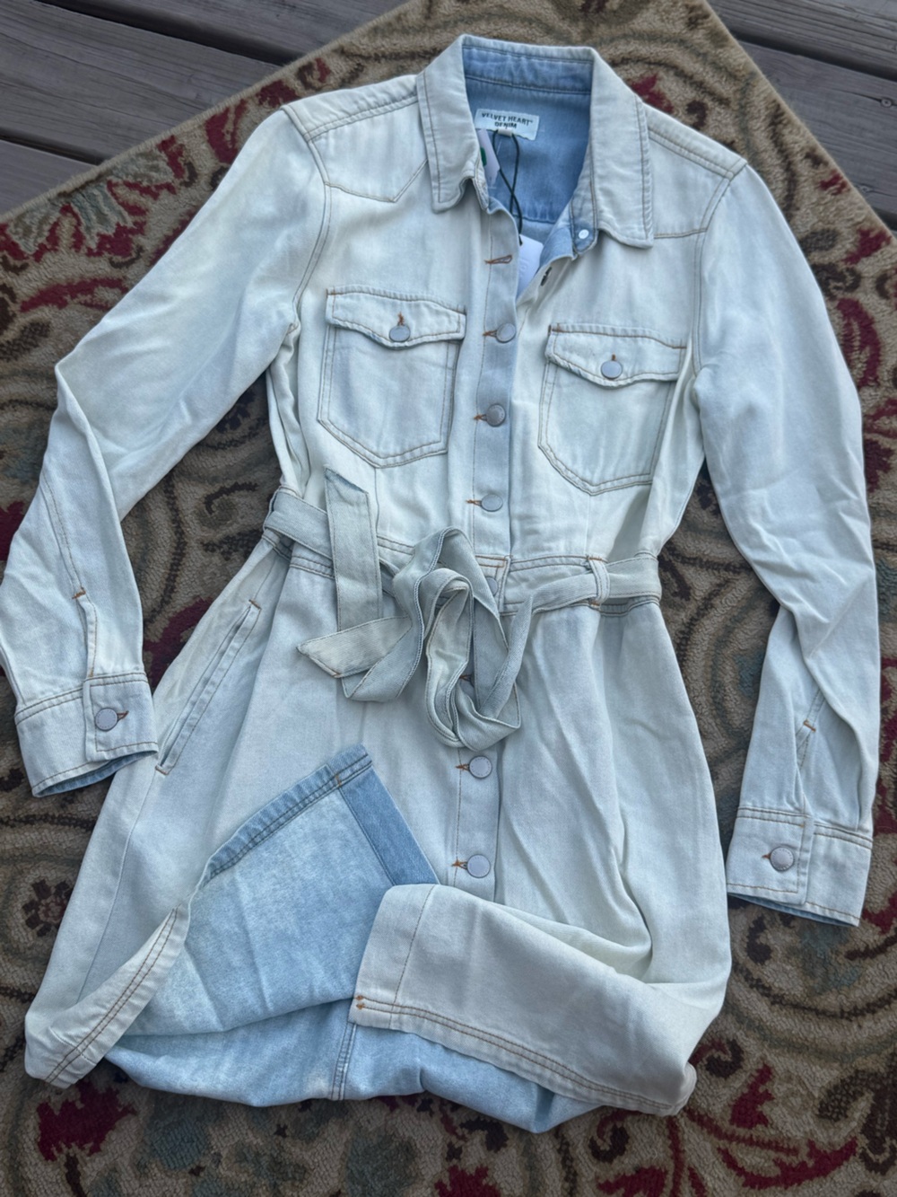 Velvet Heart Light Wash Denim Tie-Waist Jacket Dress - Pale Blue